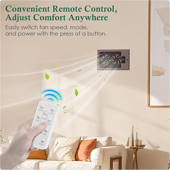 VallisCo Register Booster Fan 6" x 10" with Negative Ion, Manual Airflow Direction Control, Quiet 10-Speed Heating Cooling AC Vent Fan with Remote & Thermostat Control for Wall Floor, Bronze