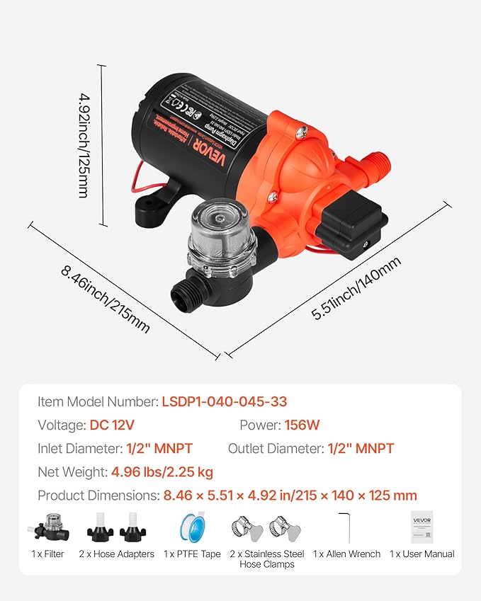 VEVOR RV Water Pump, 12V DC 4 GPM (15.1 L/min), 3-Chamber Self-Priming Diaphragm Water Pump with Automatic Pressure Switch, 40 PSI Max Pressure, On Demand for RV, Caravan, Marine, Yacht, Car Washing