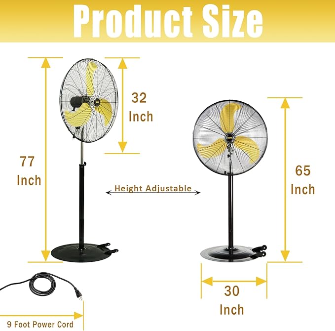 HiCFM 8300 CFM 30 inch Heavy Duty High Velocity Pedestal Oscillating Fan with Powerful 1/3 HP Motor, Ball Bearing, 9 Feet Cord & Turbo Yellow Blade - UL Listed