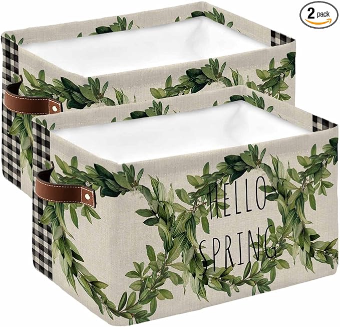 Farmhouse Green Garland Storage Bins Cubes Waterproof Cloth Storage Basket,Spring Vintage Black Plaid Beige Foldable Storage Bags for Shelf Clothes Storages Organizers with Handles 15x11x9.5 in 2PCS