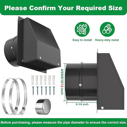 12 Inch Hooded Wall Vent with Screen and Damper, Outdoor Wall Exhaust Vent Cover Cap for Residential Housing Kitchen Rangeand Outside Air Exhaust, Galvanized Steel,Widely Applicable, Black