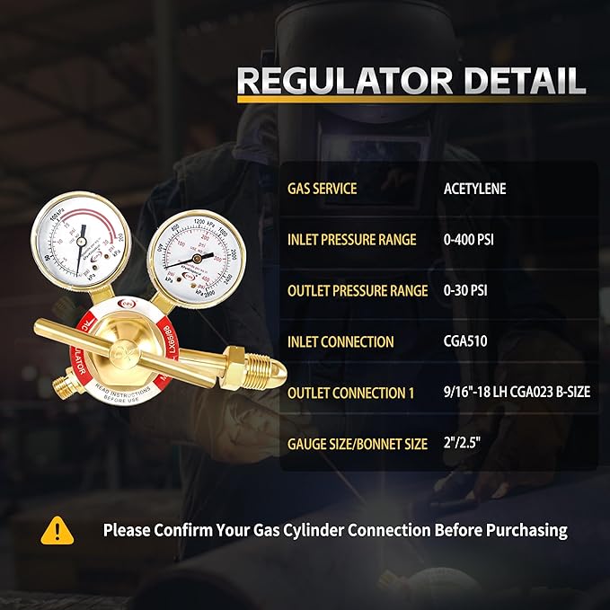 CDL LX65 Medium Duty Acetylene Regulator CGA510,Forged Brass,Large Tank Gauge Cutting Torch Regulator,0-400PSI Inlet,0-30PSI Outlet