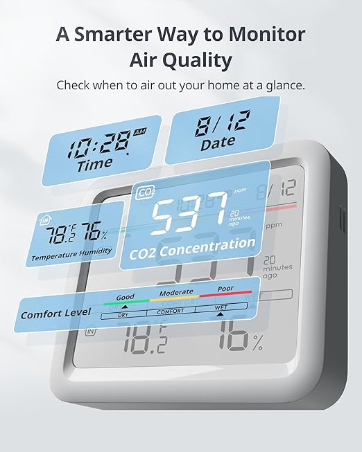 SwitchBot CO2 Detector, Air Quality Monitor Indoor, CO2 Monitor for CO2/TEMP/Humidity, Portable Carbon Dioxide Detector for Home/Car/Office/Greenhouse