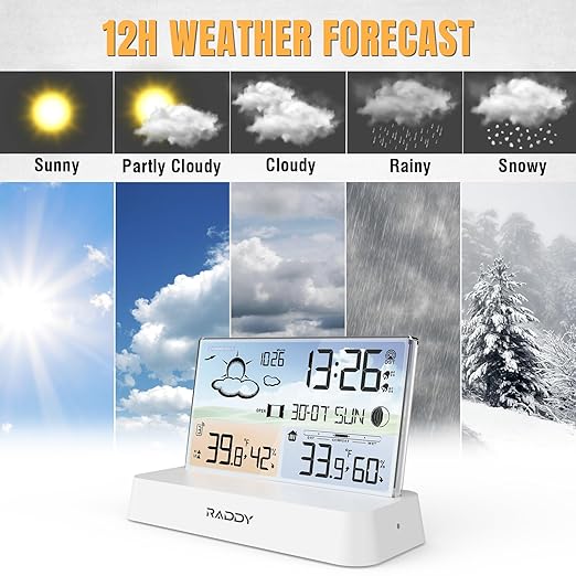 Raddy DT6 Weather Station Indoor Outdoor, Atomic Clock, Digital Color Display Indoor and Outdoor Thermometer Hygrometer, Home Weather Station with Weather Forecast and Barometer