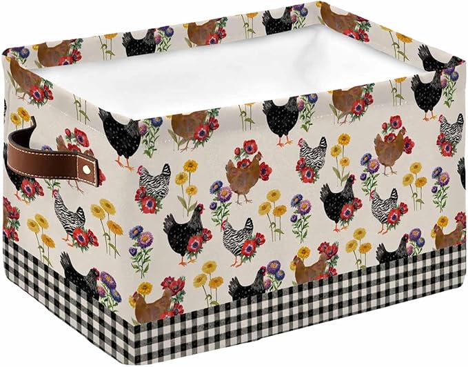 Farmhouse Rooster Storage Bins Cubes Waterproof Cloth Storage Basket,Vintage Watercolor Flowers Black Plaid Foldable Storage Bags for Shelf Clothes Storages Organizers with Handles 15x11x9.5 in 1PCS