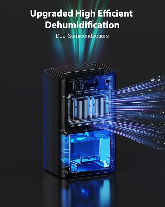 UBBO 95oz Dehumidifiers for Home, 1000 Sq.Ft Dehumidifier with Drain Hose - Auto Shut Off, Timer, Sleep Mode & Drain Hose - 7 Color Light for Bedroom, Bathroom, RV - Black Gold
