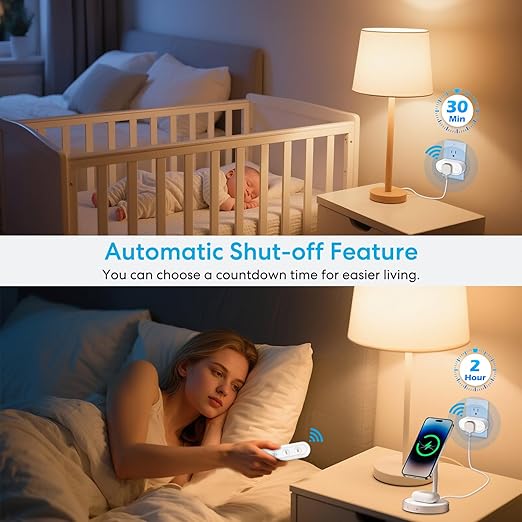 Remote Control Timer Outlet: Dual Gear Countdown (30min/2h) with Auto Shut Off – 15A/1800W – Elderly-Kid Safe – WiFi Router, Sleep-Light & Small Appliances Multi-Scene Timed Control