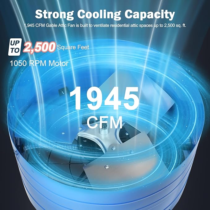 Hiorucet Gable Vent Fan with Adjustable Thermostat, 1945CFM 2500 SQF High Speed Low Noise Gable Mount Attic Exhaust Fan, 16 Inch Fan Blade and Permanently Lubricated Motor, Blue.