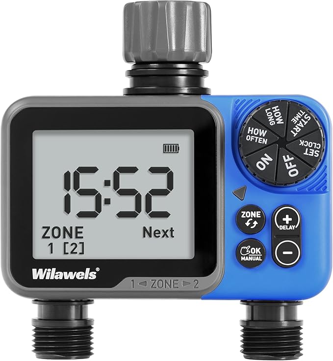 Water Timer for Garden Hose, 2 Zone Sprinkler Timer, Automatic Irrigation System/Rain Delay/Manual Watering, Programmable Watering for Lawn, Yard, Drip Irrigation C12WT06