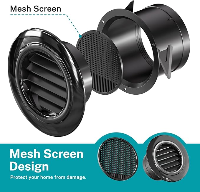 HG Power 4 Inch Soffit Vent, ABS Plastic Round Vent Cover with Built-in Screen Mesh, Black Louver Exhaust Vent for Exhaust Fan, Inline Duct Fan, Bathroom, Kitchen, Garage Use, 100mm