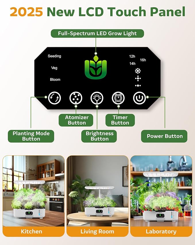 Misting Hydroponic Growing System Kit 15-Pods Indoor Smart Herb Garden Planter with LCD Touch Panel 6L Large Tank for Herb/Vegetables/Flowers/Fruits, Gardening Gifts for Women Men Beginners - White