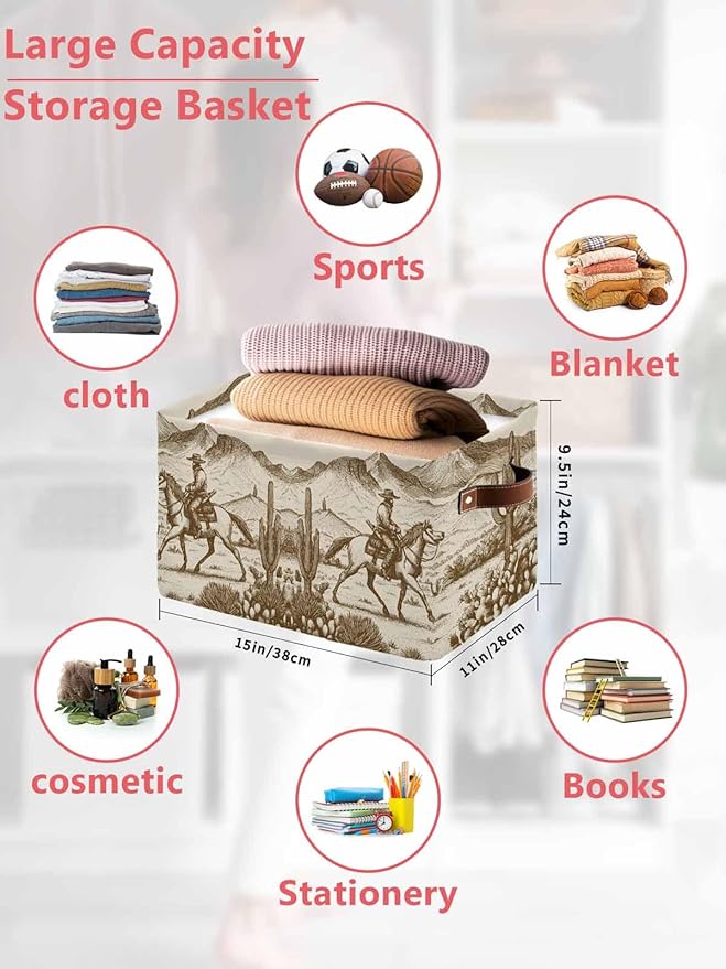 Beige Western Farmhouse Storage Bins Cubes Waterproof Cloth Storage Basket, Vintage Cowboys Cactus Foldable Storage Bags for Shelf Closet Clothes Storages Organizers with Handles 15x11x9.5 in 1PCS