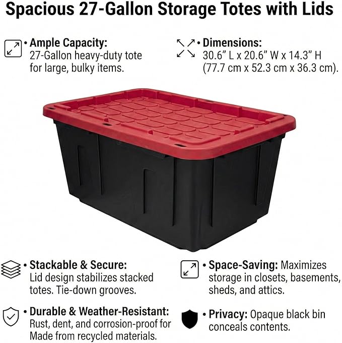 27 Gallon Heavy Duty Storage Bins with Lids – Stackable Industrial Plastic Totes for Garage Organization, Moving, and Attic Storage – Lockable Snap-Fit Container, Black/Red (1 Pack)