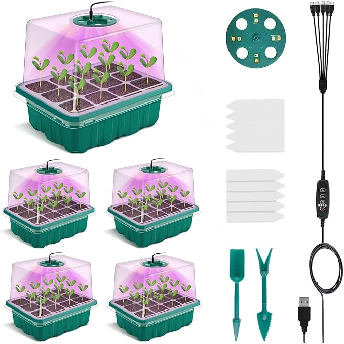 Seed Starter Tray with Grow Light, Plant Germination Starter Kit Seed Starter kit with Humidity Dome and Base for Greenhouse Grow Wheatgrass Hydroponic (Timed Seedling Tray)