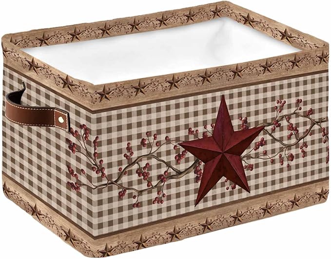 Texas Star Vintage Storage Bins Cubes Waterproof Cloth Storage Basket, Brown Checkered Berry Farmhouse Foldable Storage Bags for Shelf Closet Clothes Storages Organizers with Handles 15x11x9.5 in 1PCS
