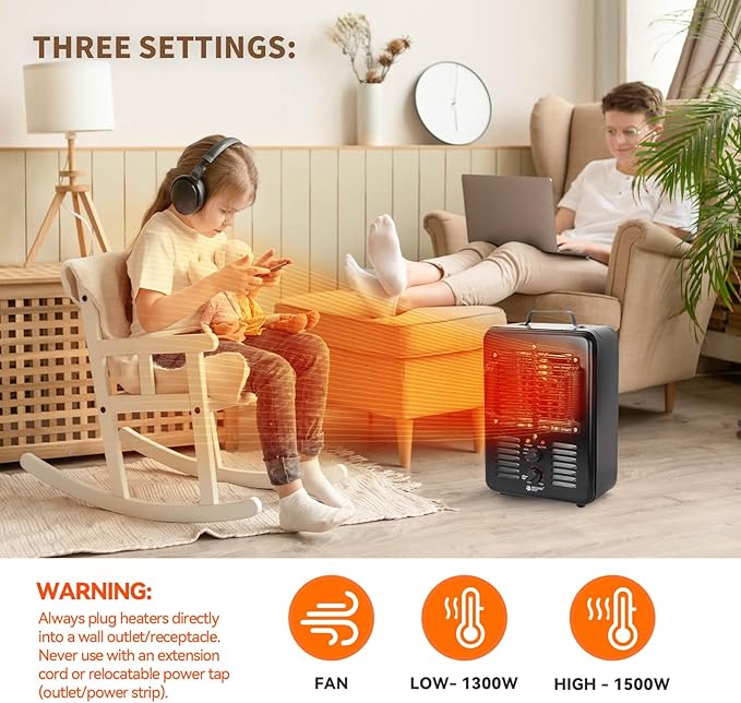 BEYOND HEAT Milkhouse Space Heater, 1300W/1500W Electric Heater with Thermostat, 3 Heat Settings, Safe and Quiet for Home Garage Workshop Warehouse, Black