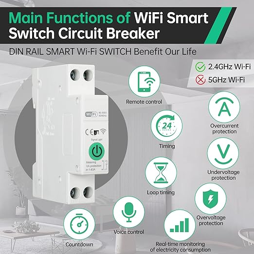 1-16A TUYA Smart WiFi Circuit Breaker, 90-300V Wide Voltage, Smart Life/Tuya APP Remote Control, Timer Functions, Overload & Short-Circuit Protection, Compatible for Alexa Google Home, DIN Rail