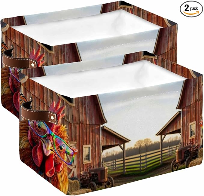 Farm Rooster Storage Bins Cubes Waterproof Cloth Storage Basket, Farmhouse Barn Funny Animals Butterfly Foldable Storage Bags for Shelf Clothes Storages Organizers with Handles 15x11x9.5 in 2PCS