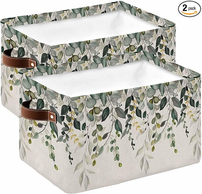 Green Eucalyptus Storage Bins Cubes Waterproof Cloth Storage Basket, Farmhouse Weeping Leaves on Linen Foldable Storage Bags for Shelf Closet Clothes Storages Organizers with Handles 15x11x9.5 in 2PCS