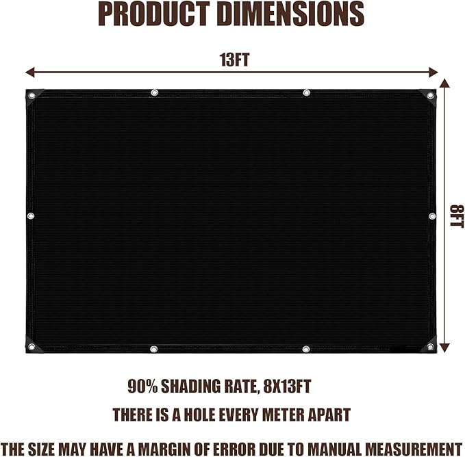90% Sun Shade Cloth for Garden, 8 * 13FT Heavy Duty Shade Tarp with Grommets & Reinforced Edges - UV Resistant Sunblock Net for Patio, Backyard, Greenhouse, Kennel, Pergola, Black