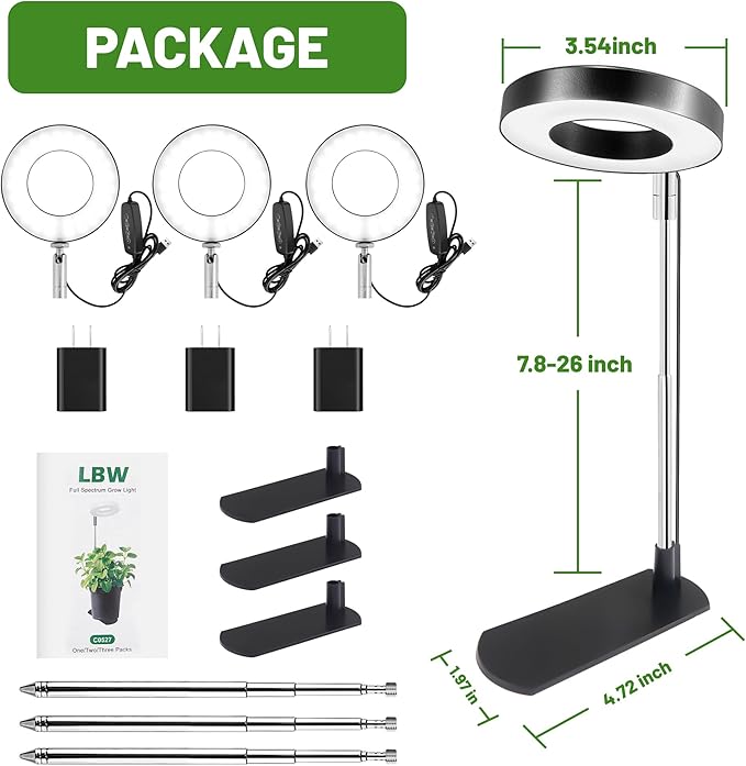 LBW Grow Light for Indoor Plants,Full Spectrum Plant Light with Base,Height Adjustable Plant Grow Lamp with Auto Timer 6/8/12/16H, 3 Colors,5 Dimmable Brightness, for Small Plants,Black, 3 Packs