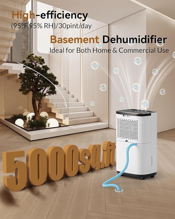 5000 Sq. Ft. Dehumidifier for Basement, 50 Pint Quiet Dehumidifiers for Home with Drain Hose, Smart Humidity Control, 24H Timer & Child Lock, Ideal for Large Rooms, Bathroom, Bedroom, Garage