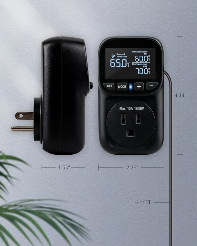 Temperature Controlled Outlet, Heavy Duty 15A 1800W Heating Cooling Thermostat Plug Outlet, -40℉~210℉ LCD Display Plug in Thermostat for Heater Greenhouse Incubator Homebrew Heat Lamp