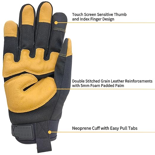 All-Purpose Work Gloves,Performance Fit Mechanics Glove,Grain Leather Knuckle Working Glove,Durable,Black+Yellow,Large