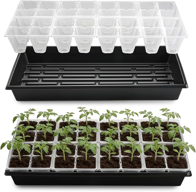 RooTrimmer 5 Pack Heavy Duty 1020 Trays and 40 Pack Clear 4 Cell Seed Starter Trays with Large Drainage Holes, Easy Transplant - for Seed Germination & Plant Propagation (5 Sets)
