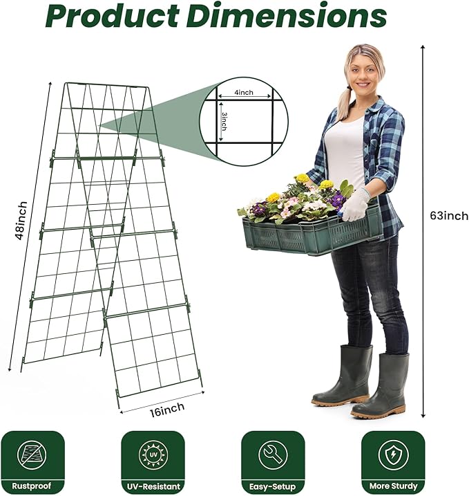 Adjustable A-Frame Trellis for Climbing Plants Outdoor, 48"x16" Cucumber Trellis for Raised Bed, Metal Garden Trellis with Grid Design, Tomato, Grape, Bean, Pea, Squash, Vegetable Trellis (Green)