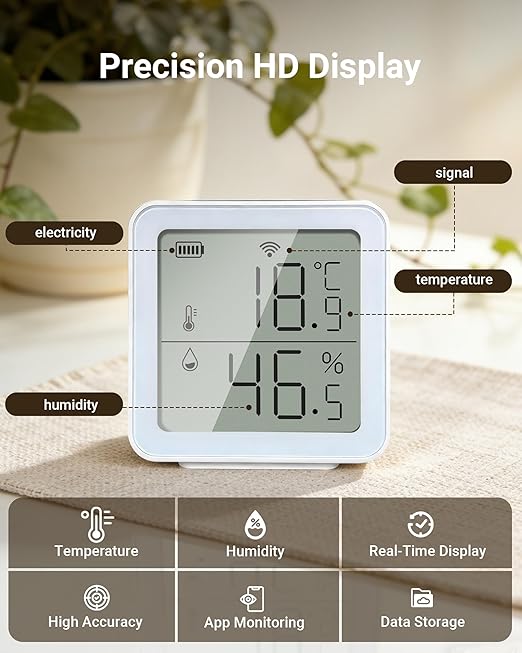 Smart WiFi Thermometer Hygrometer, Indoor Temp Humidity Monitor with Large LCD, No Gateway, Direct Phone Alerts, Free Data Storage, Ultra-Low Power, Tuya App Compatible for Home Garage Greenhouse