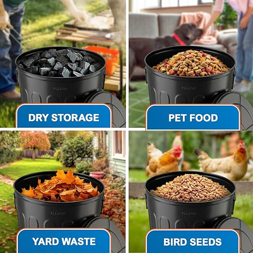 Plexon 20 Gallon Metal Trash Can with Lid Outdoor Large Trash Bin Steel Garbage Can for Garage Patio Farmhouse Bucket Bird Seed Storage Can Heavy Duty Round Container, Black 3 Pack