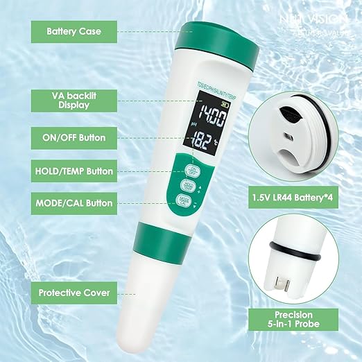 5-in-1 Digital Water Quality Tester with TDS/EC/pH/Salinity/Temperature, Backlit LCD Display, Portable Water Quality Tester for Drinking Water, Hydroponics, Aquariums, Swimming Pools & Laboratories.