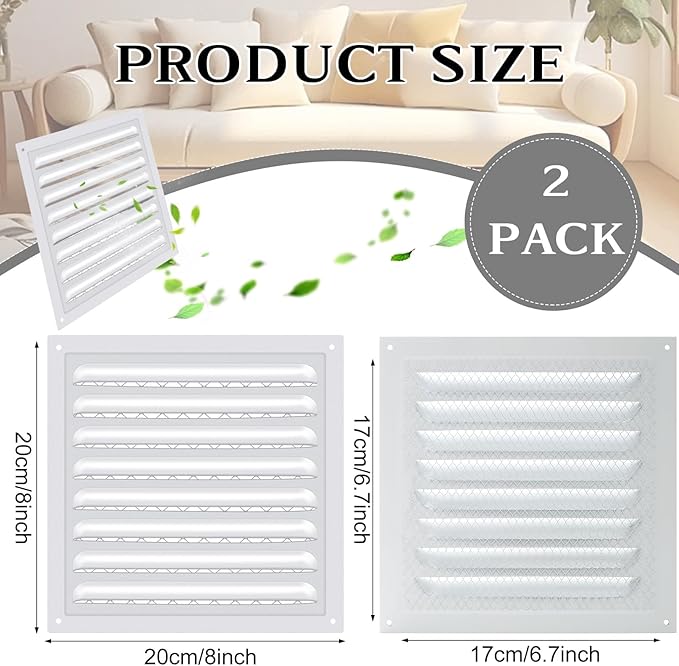 2 Pcs 8" X 8" Attic Vent Metal Shed Vents Gable Vents Louver Vent Grille with Screen Mesh for Home Garage Attic Ceiling, Boost Ventilation and Guard Against Moisture (White)