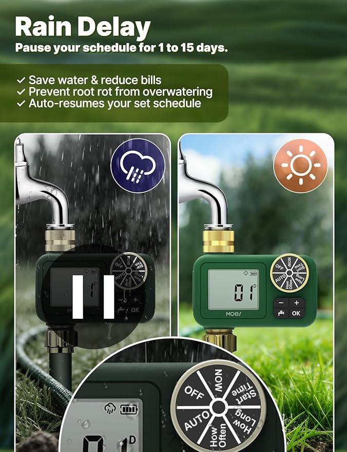 MOES 1 Zone Water Timer for Garden Hose, Heavy Duty Solid Brass Inlet & Outlet, Programmable Sprinkler Timer Battery Operated, High-Flow Faucet Valve with Rain Delay for Lawn Irrigation (Non-WiFi)