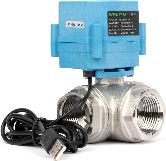 U.S. Solid WiFi Smart Motorized Ball Valve 1 inch NPT for Water Control & Irrigation, 3 Way 304SS Electric Valve, USB Plug, LED Indicator, Flow Direction Window, Remote On/Off Control, NSF Certified