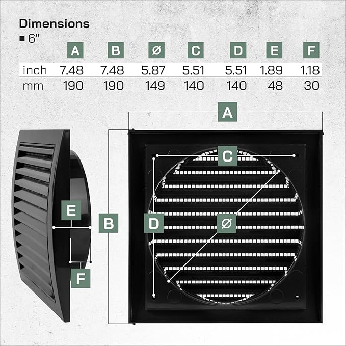 Vent Systems 6'' Inch Black Vent Cover - Plastic Louvered Dryer Cover for Bathroom, Kitchen, Garage Exhaust Vents - Exhaust/Supply Air Register Grille for Home Improvement - Indoor and Outdoor