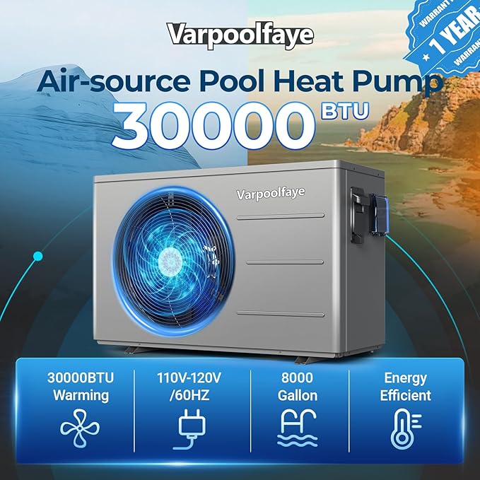 30000 BTU Swimming Pool Heater Pump Pool Heater for Above Ground Pool 120V 8000 Gallon Inground Pool Heater Spa Heating or Cooling WiFi Control Schedule