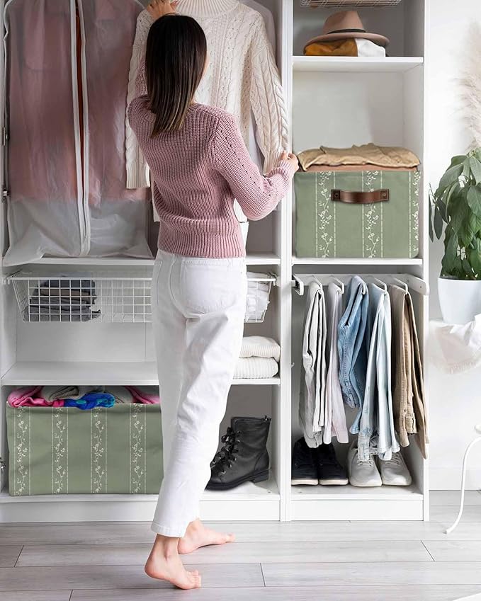 Green Flower Branch Storage Bins Cubes Waterproof Cloth Storage Basket, Spring Summer Farmhouse Botanical Foldable Storage Bags for Shelf Closet Clothes Organizers with Handles 15x11x9.5 in 1PCS