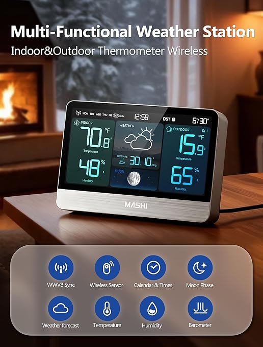 MASHI Weather Station with 8.8" Color Display, Wireless Indoor Outdoor Thermometer Hygrometer, Atomic Clock, Accurate Weather Forecast, 5-Level Brightness,Easy for Seniors, Bedroom, Garden, Kitchen