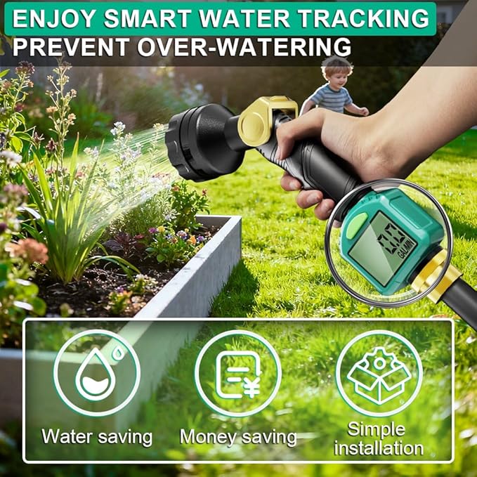 Water Flow Meter with 180° Flip Screen - ±5% Accuracy, Brass Inlet, Waterproof LCD Water Meter for Outdoor Garden Hose, RV & Irrigation, Lawn Sprinkler Watering, Measure Gallon/Liter