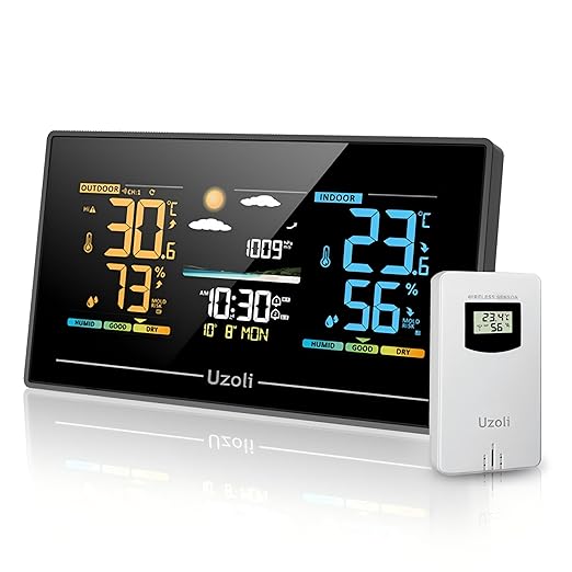 Uzoli EM3405 Wireless Weather Station Indoor Outdoor Thermometer with Remote Sensor, Color Display Home Weather Station with Weather Forecast, Atmospheric Pressure Monitor, Weather Alert