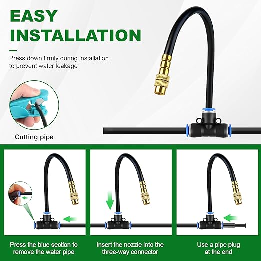 Drip Irrigation System, 30FT 1/4" Garden Watering for Outdoor Plants & Raised Beds, 10pcs Upgraded Brass Nozzles 360° Adjustable Misting Kit, UV-Resistant Tubing for Greenhouse, Lawn & Patio Cooling
