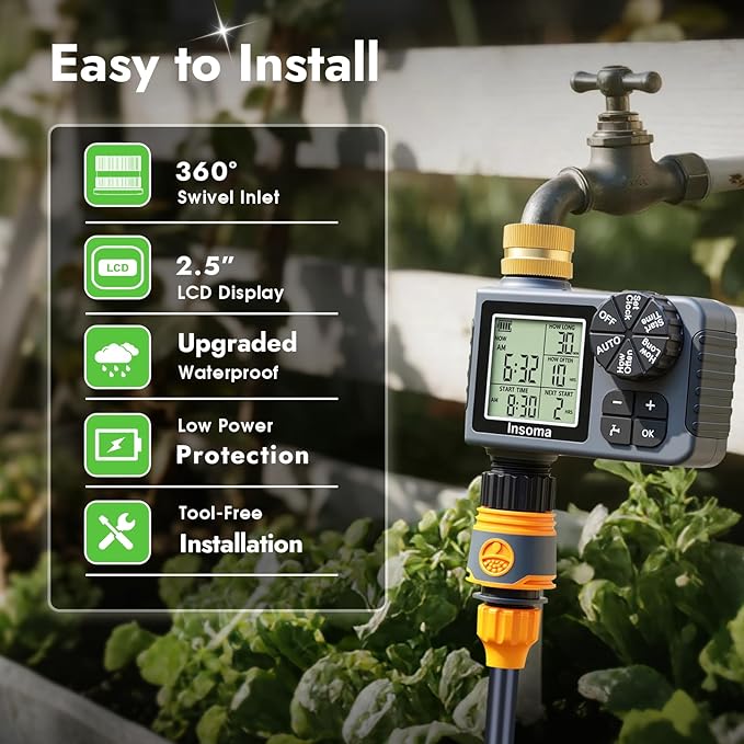 Sprinkler Timer with Brass Inlet, Water Timer for Garden Hose with Auto/Manual/Rain Delay Mode, Easy Setup Hose Timers for Lawn, Garden, Vacation Watering,1 Outlet
