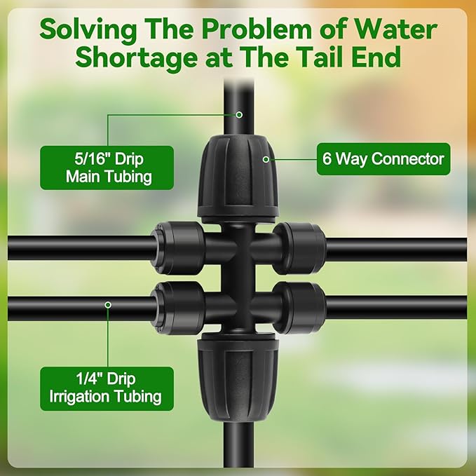 Kalolary 8PCS 5/16'' to 1/4'' Drip Irrigation Fittings, Push-to-Connect 6 Way Drip Irrigation Part Barbed Tee Connectors with 6PCS Plugs, Anti-Leak Locked Splitter Fitting for 5/16" Irrigation Tubing