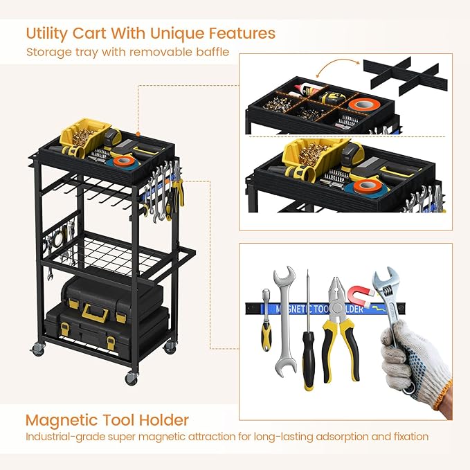 Snughome 4-Tier Tool Organizer Cart with Magnetic Tool Holder Strip, Tool Rack for Garage 300 lbs Heavy Duty Utility Rack for Workshop, Rolling Power Drill Holder & Tool Storage Cart, Gift for Men