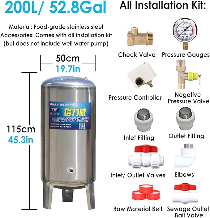 Pressurized Water Tank Well Pressure Tank 60gal 50gal 40gal 26gal Deep Well Pressure Tank with Installation Kit, Home/Garden Water Storage Tanks Pressurized Stainless Steel for Well Pump(135x50cm/53x1