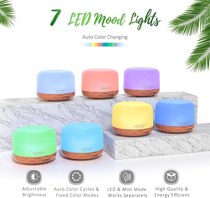 ASAKUKI Oil Diffuser with Essential Oils Set, 500ml Aromatherapy Humidifier with 14 LED Colors & Auto Shut-Off - 6 Oil Gift for Mom (Lavender Eucalyptus Tea Tree Orange Peppermint Lemongrass)