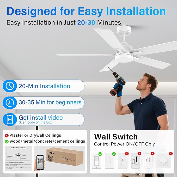 Lorpies 52” Smart Ceiling Fan with Lights Remote,Voice Control via Alexa Google WIFI App,Ultra Quiet DC Motor,Outdoor Indoor Modern Ceiling Fans,6-Speed for Bedroom Patio Porch,White and Wood Color