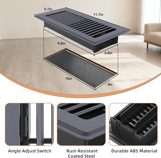Floor Register 4 x 10-8 Pack Gray Floor Vents, Heavy-Duty Steel Adjustable Airflow Floor Vent Covers, Rust-Resistant Vent Cover are Suitable for Living Room, Bedroom and Bathroom